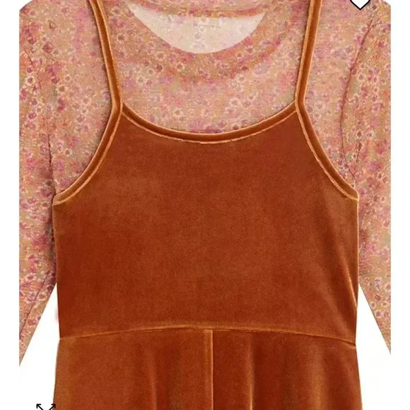 VELVET SLIP DRESS WITH FLORAL PRINTED MESH TOP 2 PIECE SET - Picture 2 of 7